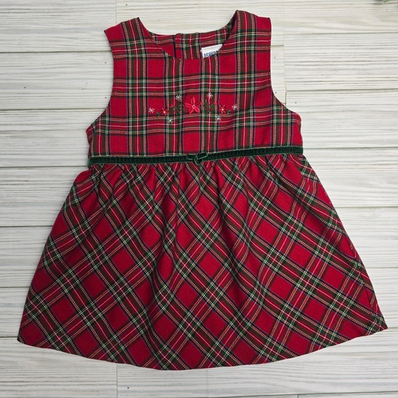 OshKosh Vintage Red Plaid Dress Holiday Embroidered Green Velvet Trim 6-9 Months - Picture 1 of 6